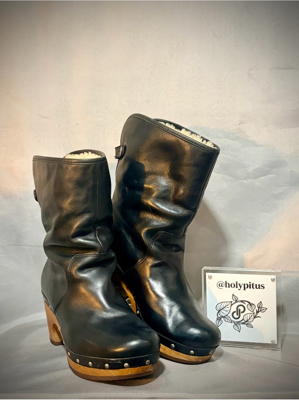 🌸 Rare Vintage UGG Lynnea Black Leather Shearling Clog Boots Convertible Size 6